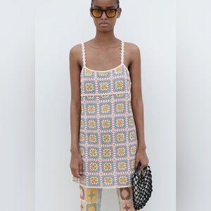 Zara Crochet granny crochet square boho White Lotus Portia dress. 100% polyester